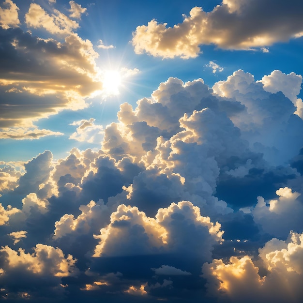 Una vista di nuvole soffici che galleggiano in un cielo blu illuminato dai raggi dorati del sole Ai Generato