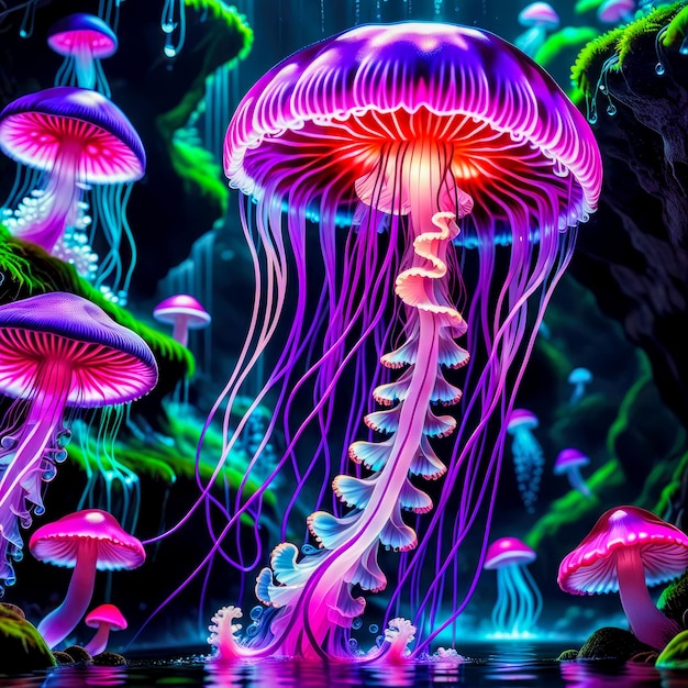 Una vista di spettacolari meduse fluorescenti e funghi al neon