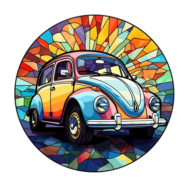 Una vista di un'auto in un cerchio di colorate illustrazioni in vetro colorato