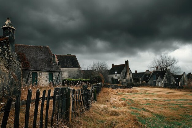 Una vista di un campo con una recinzione e diverse case sullo sfondo Cieli cupo su una città di campagna abbandonata AI Generato