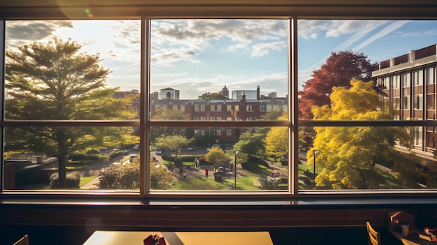 una vista di un campus da una finestra Finestra vista dalla finestra dell'università