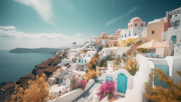 Una vista di un edificio bianco con porte blu e un cespuglio fiorito rosa in cima.