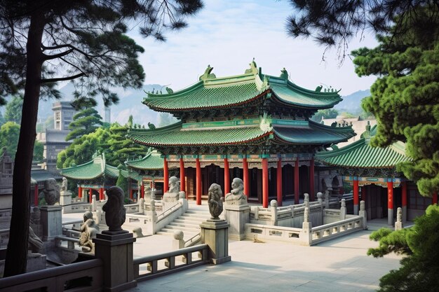 una vista di un edificio pagoda con un sacco di acqua