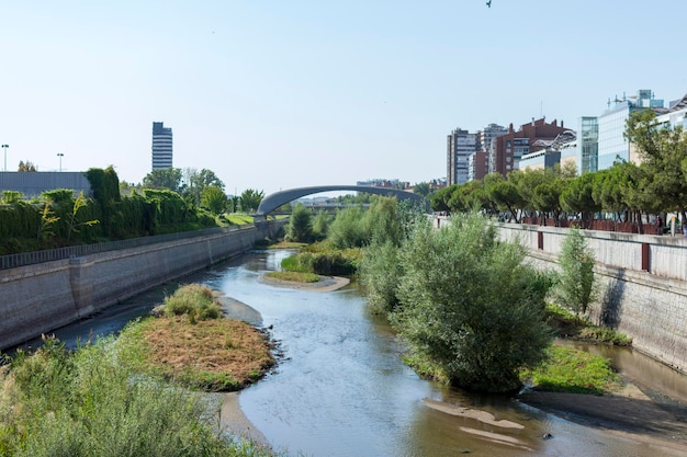 Una vista di un fiume in città con alberi ed edifici vicini.