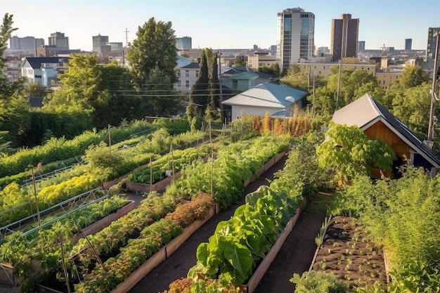 Una vista di un giardino con una recinzione e un edificio sullo sfondo.