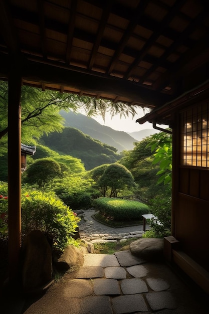 Una vista di un giardino da una stanza con una porta che conduce a un giardino.