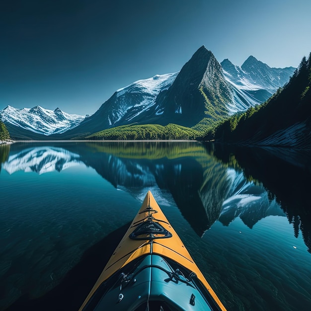 Una vista di un kayak su un lago calmo con le montagne sullo sfondo