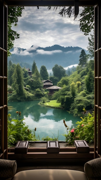 una vista di un lago attraverso una finestra aperta Finestra vista dalla finestra del resort