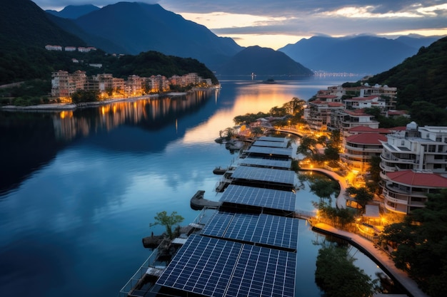 Una vista di un lago con molte case e molti pannelli solari su di esso IA generativa