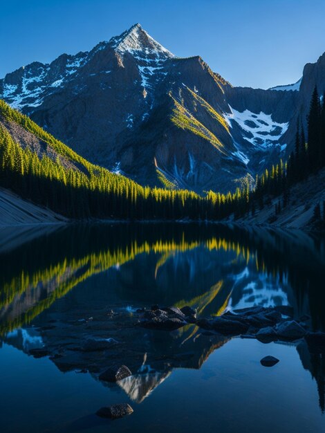 una vista di un lago di montagna con una montagna sullo sfondo