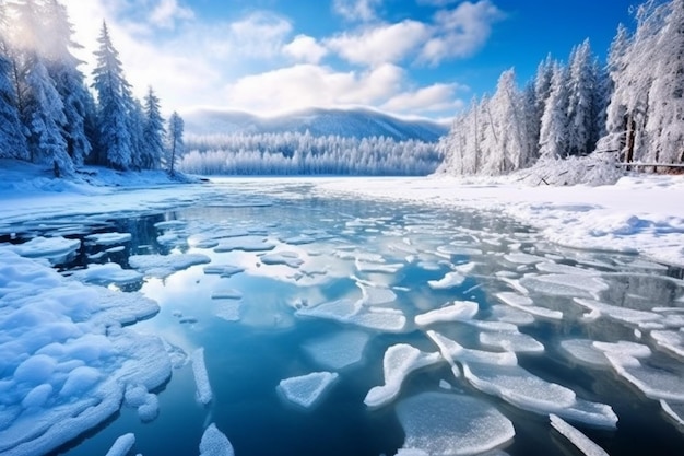 una vista di un lago ghiacciato con ghiaccio e neve sul terreno generativo ai