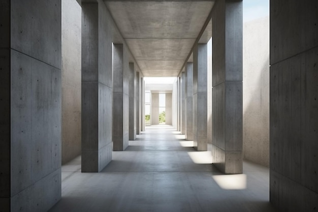 una vista di un lungo corridoio con colonne di cemento e un lucernario ai