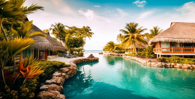 Una vista di un resort con piscina e palme