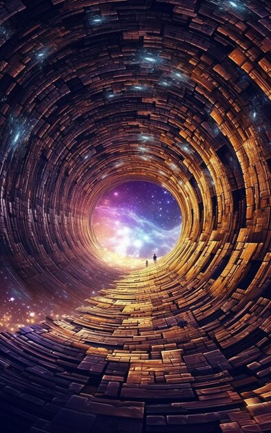 Una vista di un uomo in piedi in un tunnel con una galassia sullo sfondo ai generativa