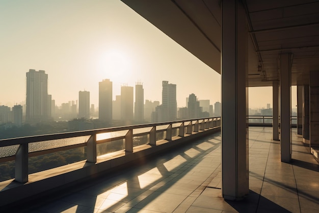 Una vista di una città da un balcone con vista sullo skyline della città.