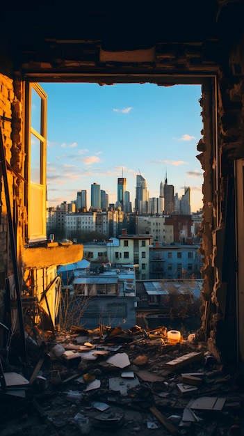 una vista di una città da un edificio demolito Finestra vista dalla finestra di metallo