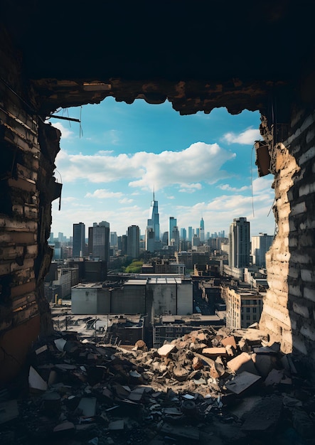 una vista di una città da un edificio distrutto Finestra vista dalla finestra di metallo