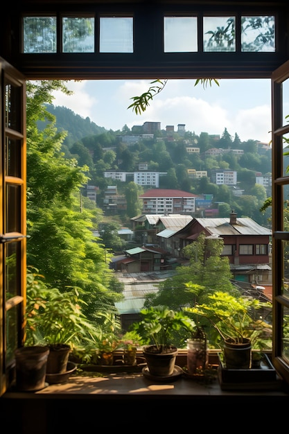 una vista di una città da una finestra Finestra vista dalla finestra della scuola