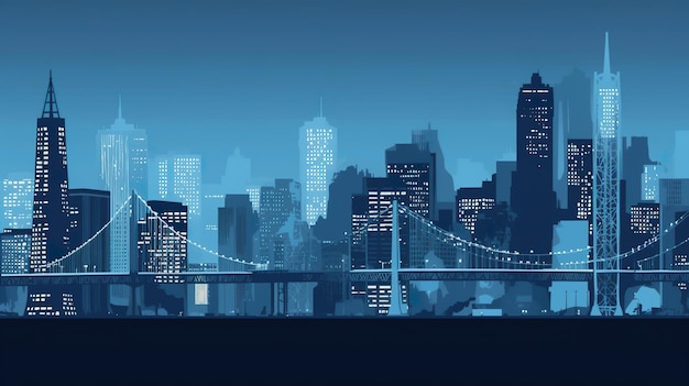 Una vista di una città di notte con un ponte in primo piano AI immagine generativa