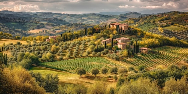 Una vista di una fattoria con alberi d'olivo in primo piano.