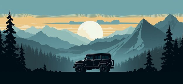 una vista di una jeep che guida attraverso una foresta con le montagne sullo sfondo generativo ai