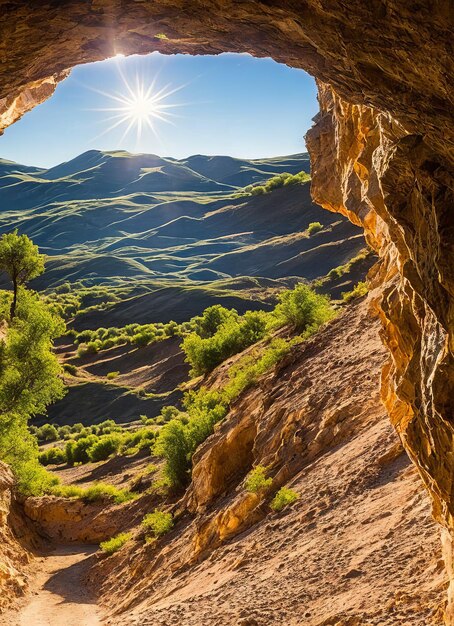 Una vista di una montagna da una grotta con il sole che splende su di essa.