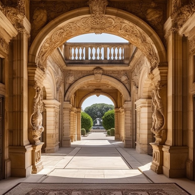 Una vista di una passerella con archi e una statua al centro generativa ai