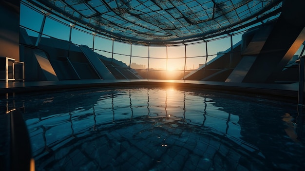 Una vista di una piscina con il sole che tramonta dietro di essa.