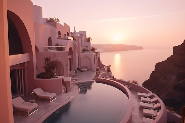 Una vista di una piscina con un tramonto sullo sfondo