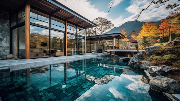 Una vista di una piscina con una cascata e una casa sullo sfondo ai generativa