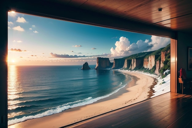 Una vista di una spiaggia da un balcone con vista sull'oceano.