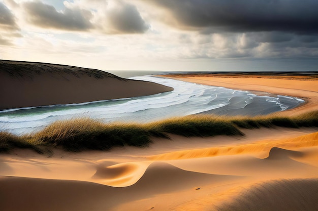 una vista di una spiaggia dalla cima di una duna di sabbia