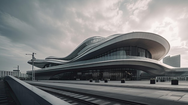 Una vista di una stazione ferroviaria con un edificio curvo