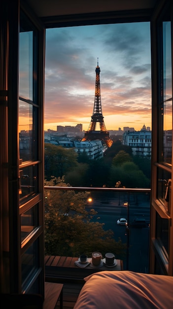 una vista di una torre da una camera d'albergo Vista dalla finestra aperta