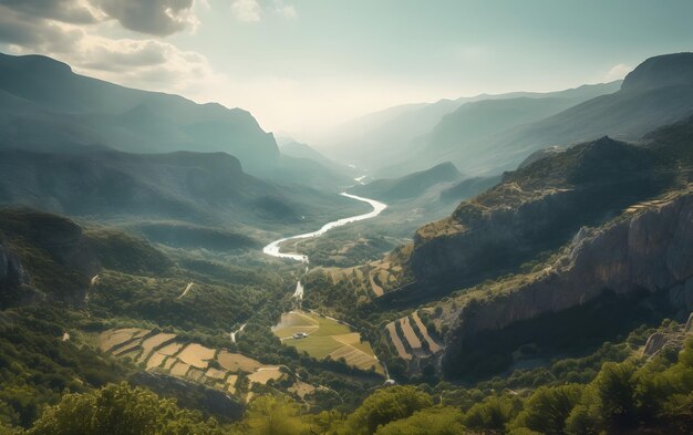 Una vista di una valle attraversata da un fiume.