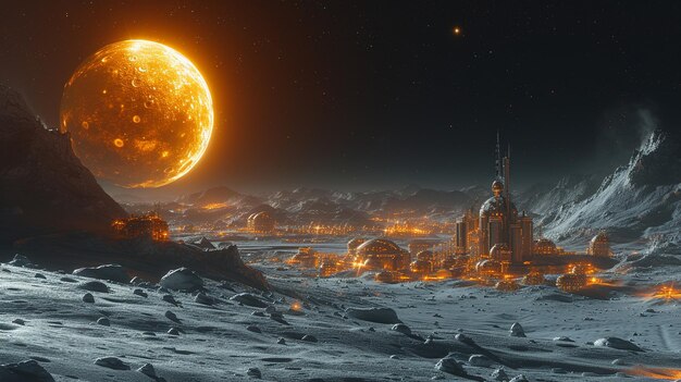 Una vista di una vivace colonia sullo sfondo della luna