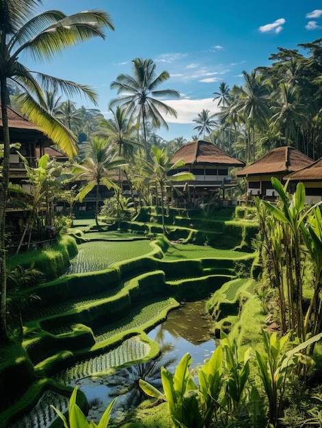 una vista di una zona verde lussureggiante con un laghetto e palme