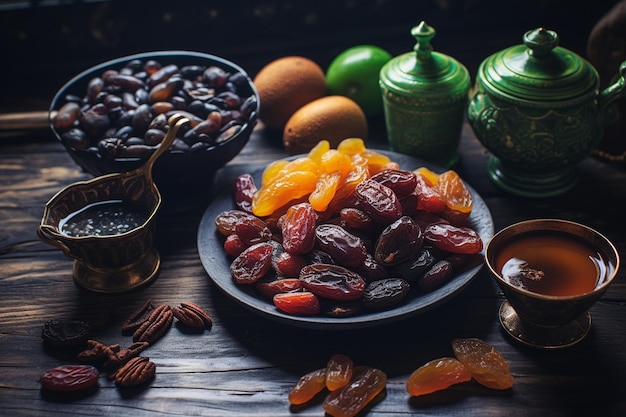 Una vista elevata di ramadan date fresche noci frutta secca e tè su scrivania di legno