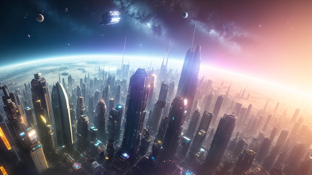 Una vista espressiva di una città futuristica con un pianeta sullo sfondo AI generativa
