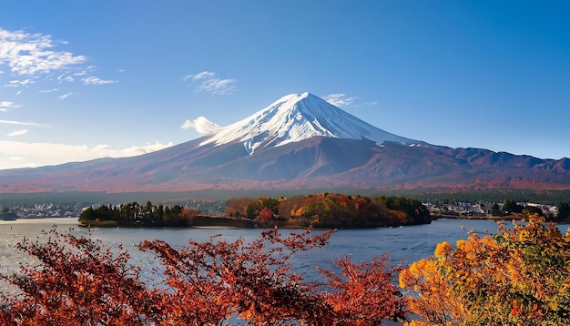 Una vista estetica del monte Fuji e del lago Kawaguchiko nella stagione autunnale a Yamanashi in Giappone