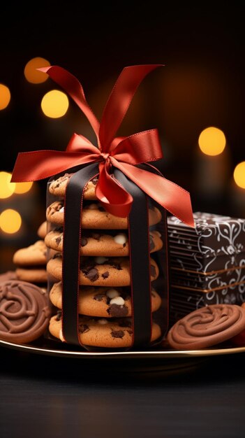 Una vista frontale di deliziosi biscotti avvolti ad arte in un elegante sfondo mobile verticale con fiocco scuro