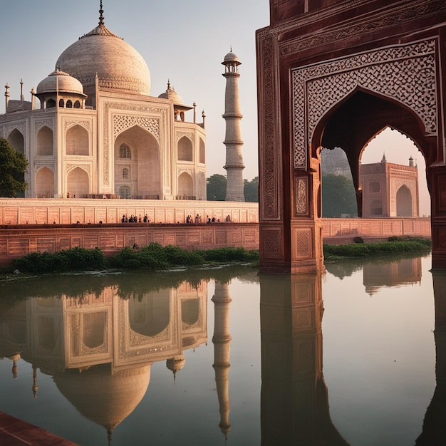 Una vista frontale e una vista laterale del Taj Mahal HD