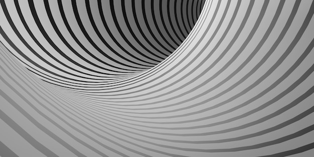 Una vista in bianco e nero posto in un cerchio profondo un motivo a spirale in un tubo Un tubo con un fondo verticale profondo. Prospettiva dell'ipnosi geometrica che scorre verso il basso sotto l'illustrazione 3D