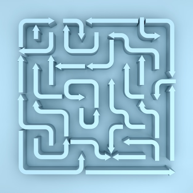 Una vista in elevazione del labirinto di frecce blu. Rendering 3D