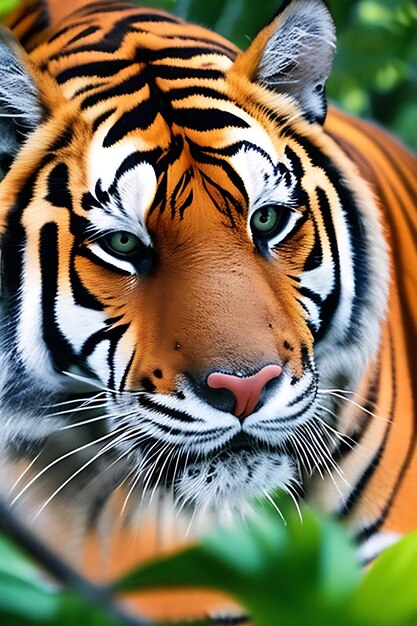 Una vista in primo piano di una tigre reale del bengol nel suo habitat naturale circondato da una foresta lussureggiante