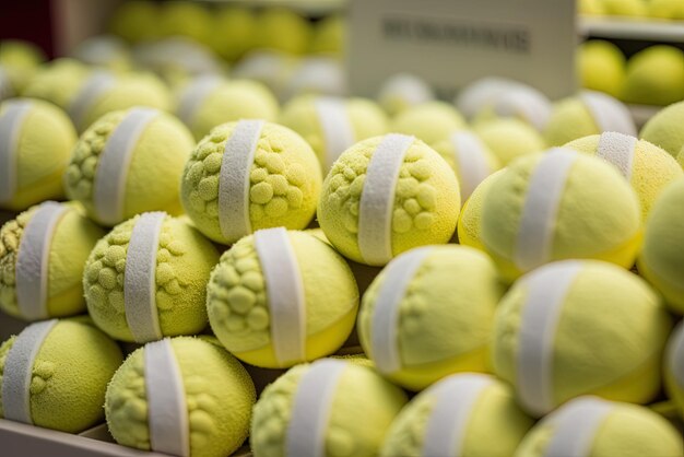 Una vista ingrandita di una cassa di pasticceria riempita di dolci a forma di palla da tennis