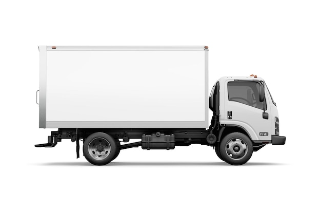 Una vista laterale di un camion bianco isolato su uno sfondo bianco