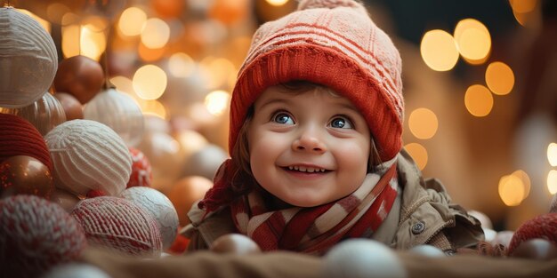 Una vista laterale di una ragazza felice sotto un albero di Natale in una piazza coperta di neve Generative Ai