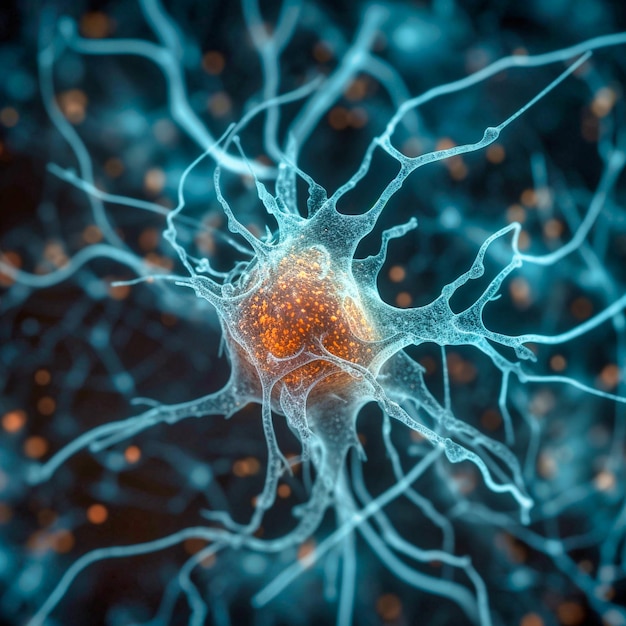 Una vista macro di un neurone all'interno di una cellula nervosa cerebrale AI generativa