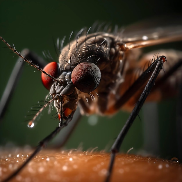 Una vista macro di una zanzara sulla pelle